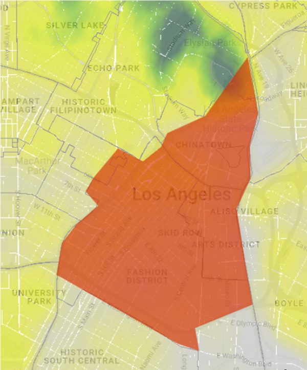 Map outlining downtown Los Angeles. 