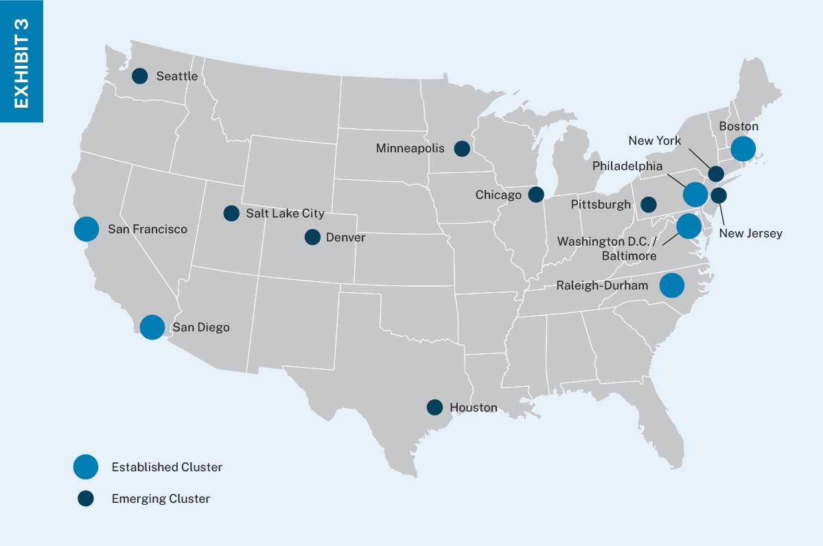 Map of United States with large blue and small navy circles for established life science markets and emerging life science markets, respectively. 